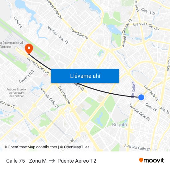 Calle 75 - Zona M to Puente Aéreo T2 map