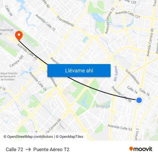 Calle 72 to Puente Aéreo T2 map