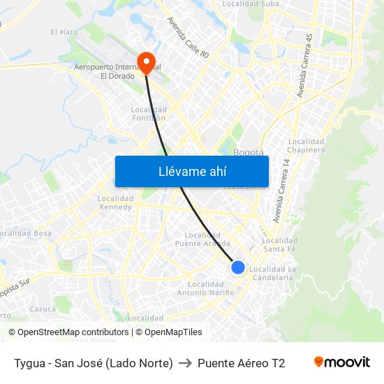 Tygua - San José (Lado Norte) to Puente Aéreo T2 map