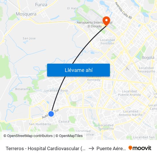 Terreros - Hospital Cardiovascular (Lado Sur) to Puente Aéreo T2 map