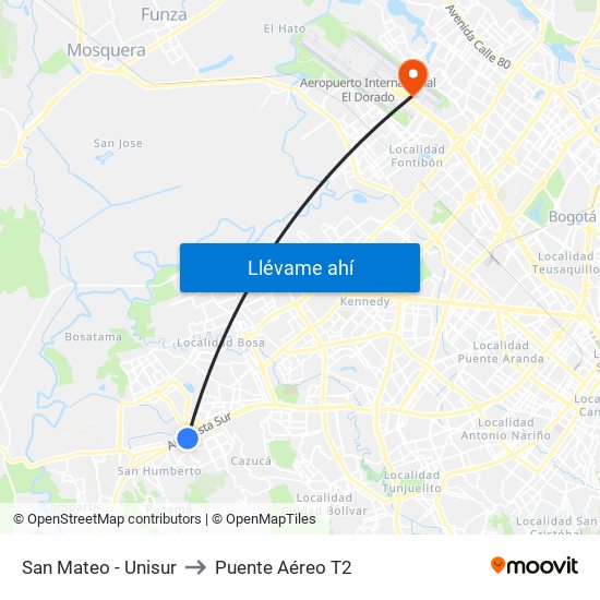 San Mateo - Unisur to Puente Aéreo T2 map