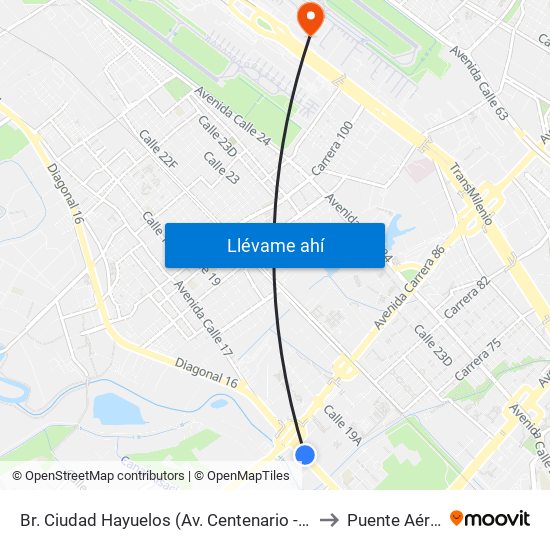 Br. Ciudad Hayuelos (Av. Centenario - Av. C. De Cali) to Puente Aéreo T2 map