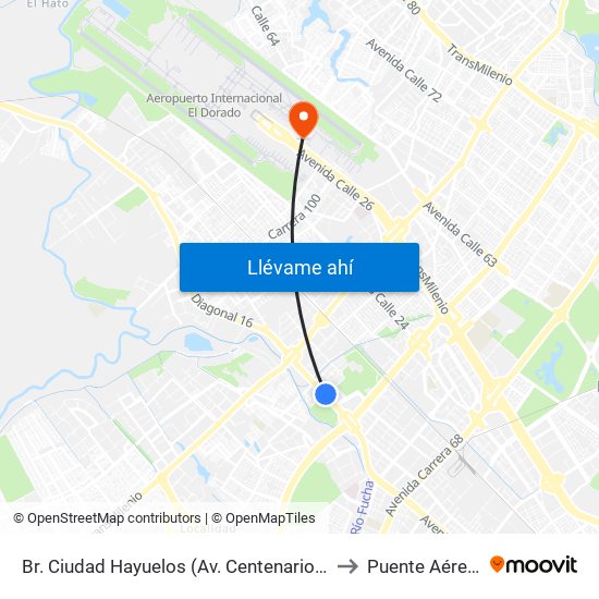 Br. Ciudad Hayuelos (Av. Centenario - Kr 78g) to Puente Aéreo T2 map