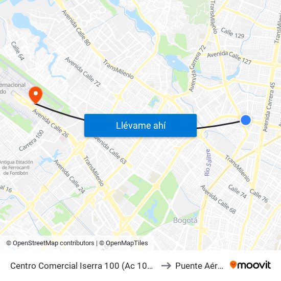 Centro Comercial Iserra 100 (Ac 100 - Kr 54) (B) to Puente Aéreo T2 map