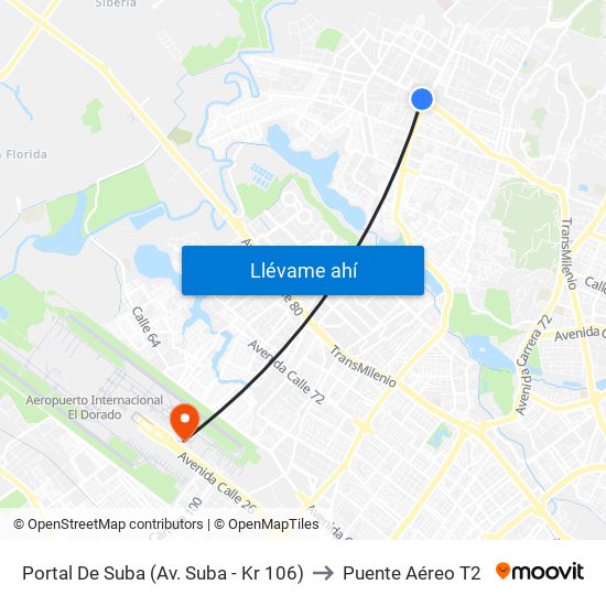 Portal De Suba (Av. Suba - Kr 106) to Puente Aéreo T2 map