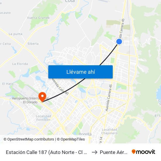 Estación Calle 187 (Auto Norte - Cl 187 Bis) (A) to Puente Aéreo T2 map