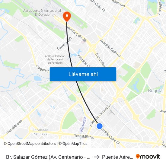 Br. Salazar Gómez (Av. Centenario - Kr 65) (A) to Puente Aéreo T2 map