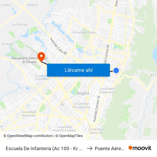 Escuela De Infantería (Ac 100 - Kr 11a) (B) to Puente Aéreo T2 map