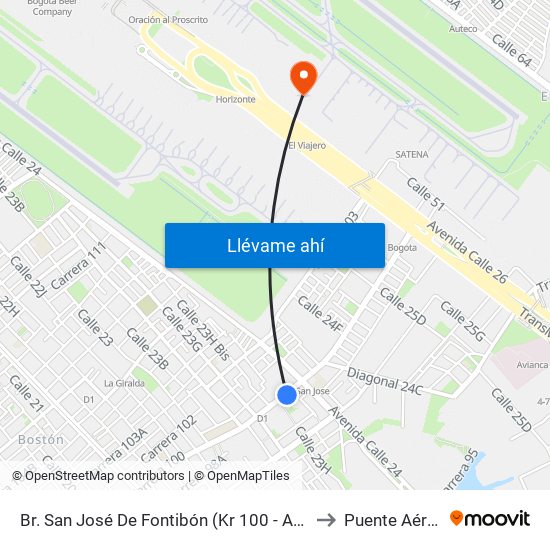 Br. San José De Fontibón (Kr 100 - Av. Esperanza) to Puente Aéreo T2 map