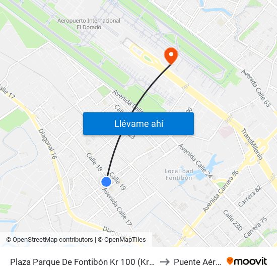 Plaza Parque De Fontibón Kr 100 (Kr 100 - Cl 17a) to Puente Aéreo T2 map