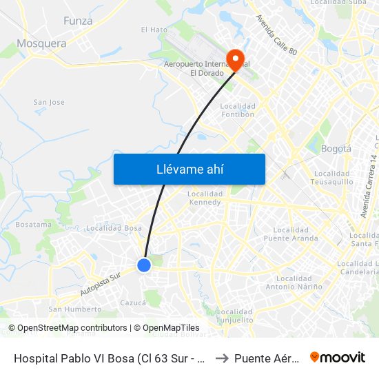 Hospital Pablo VI Bosa (Cl 63 Sur - Kr 77g) (A) to Puente Aéreo T2 map