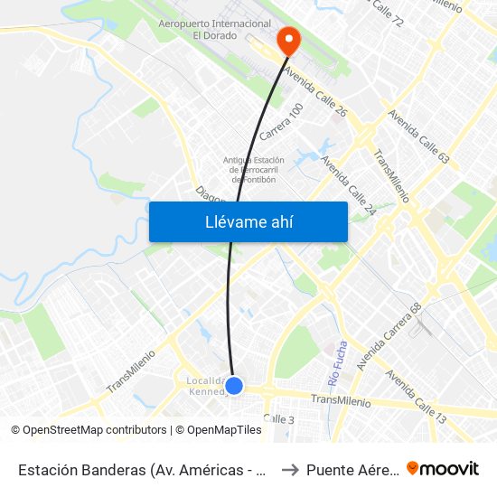 Estación Banderas (Av. Américas - Kr 78a) (A) to Puente Aéreo T2 map
