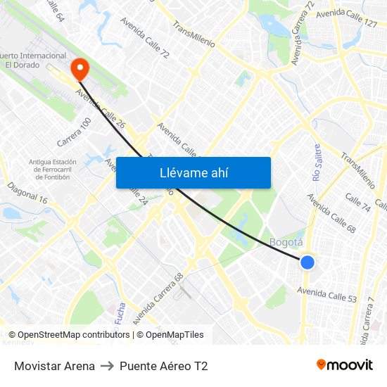 Movistar Arena to Puente Aéreo T2 map