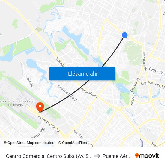 Centro Comercial Centro Suba (Av. Suba - Kr 91) to Puente Aéreo T2 map