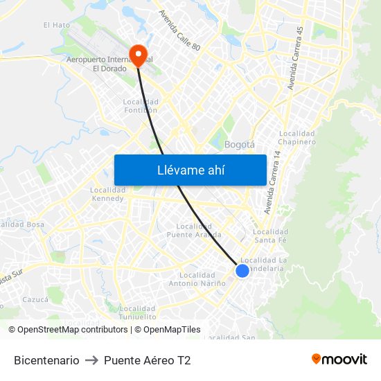 Bicentenario to Puente Aéreo T2 map