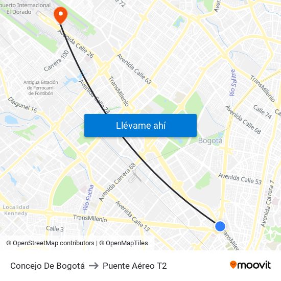 Concejo De Bogotá to Puente Aéreo T2 map