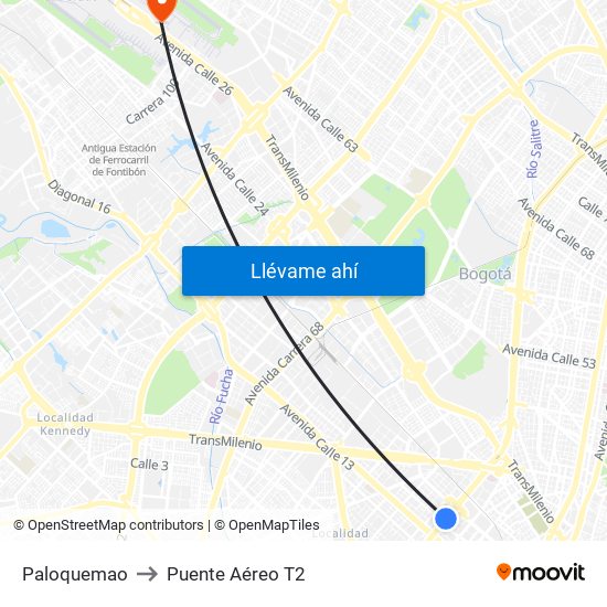 Paloquemao to Puente Aéreo T2 map