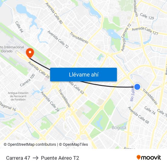 Carrera 47 to Puente Aéreo T2 map