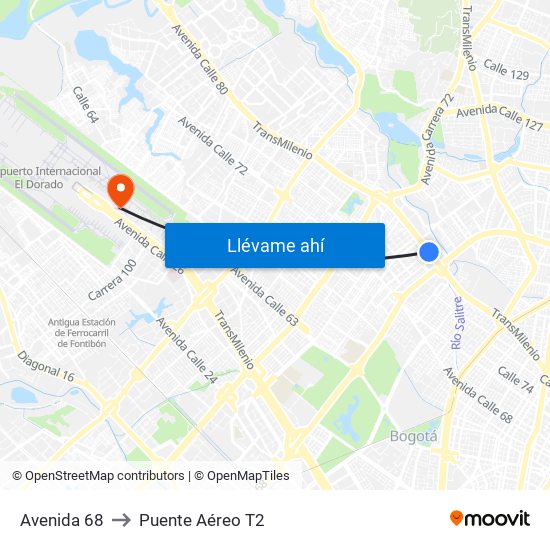 Avenida 68 to Puente Aéreo T2 map