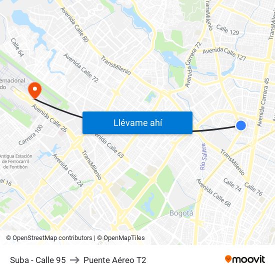 Suba - Calle 95 to Puente Aéreo T2 map