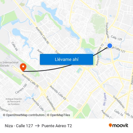 Niza - Calle 127 to Puente Aéreo T2 map