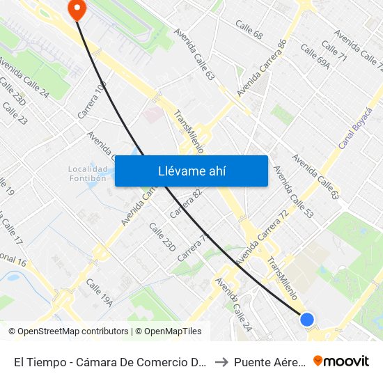 El Tiempo - Cámara De Comercio De Bogotá to Puente Aéreo T2 map