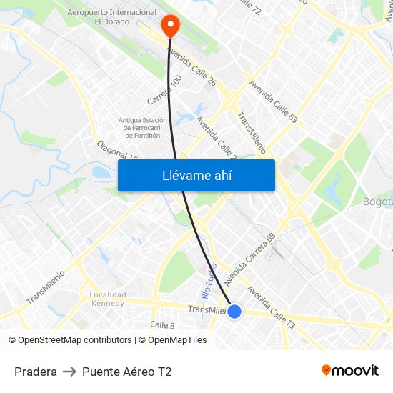 Pradera to Puente Aéreo T2 map