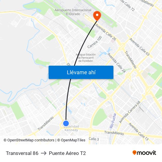 Transversal 86 to Puente Aéreo T2 map