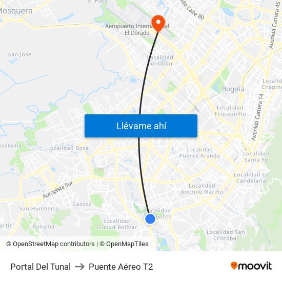 Portal Del Tunal to Puente Aéreo T2 map
