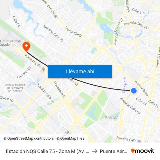 Estación NQS Calle 75 - Zona M (Av. NQS - Cl 75) to Puente Aéreo T2 map