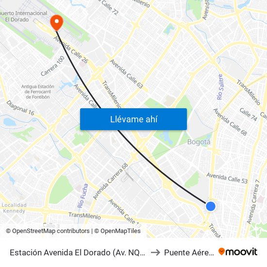 Estación Avenida El Dorado (Av. NQS - Cl 40a) to Puente Aéreo T2 map