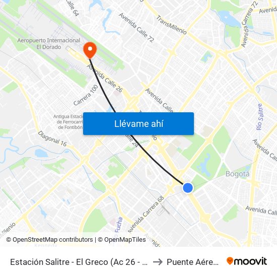 Estación Salitre - El Greco (Ac 26 - Ak 68) to Puente Aéreo T2 map