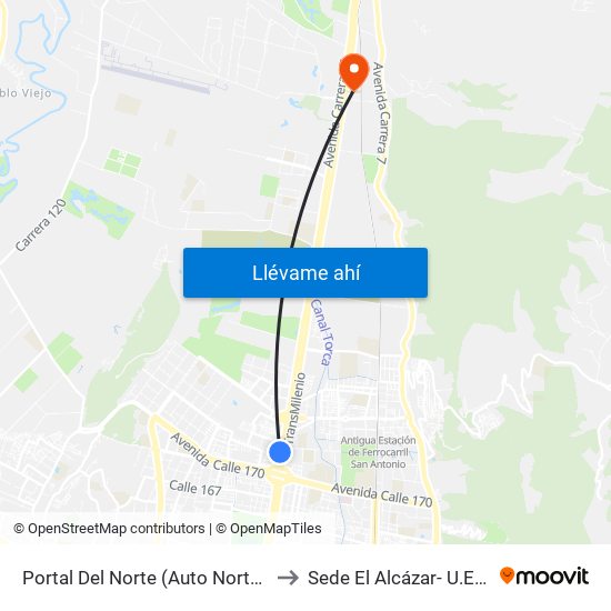 Portal Del Norte (Auto Norte - Cl 174a) to Sede El Alcázar- U.Externado map