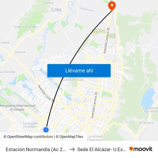 Estación Normandía (Ac 26 - Kr 74) to Sede El Alcázar- U.Externado map