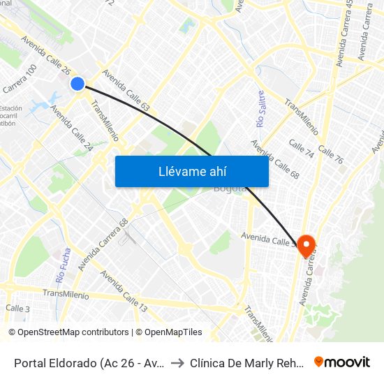 Portal Eldorado (Ac 26 - Av. C. De Cali) to Clínica De Marly Rehablitación map
