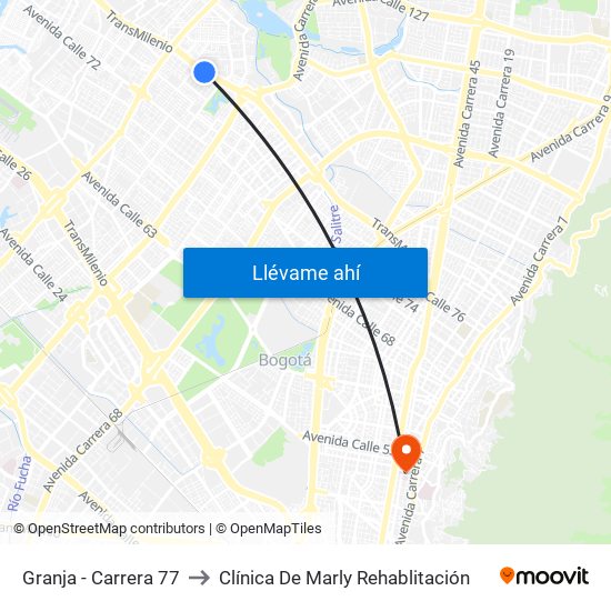 Granja - Carrera 77 to Clínica De Marly Rehablitación map