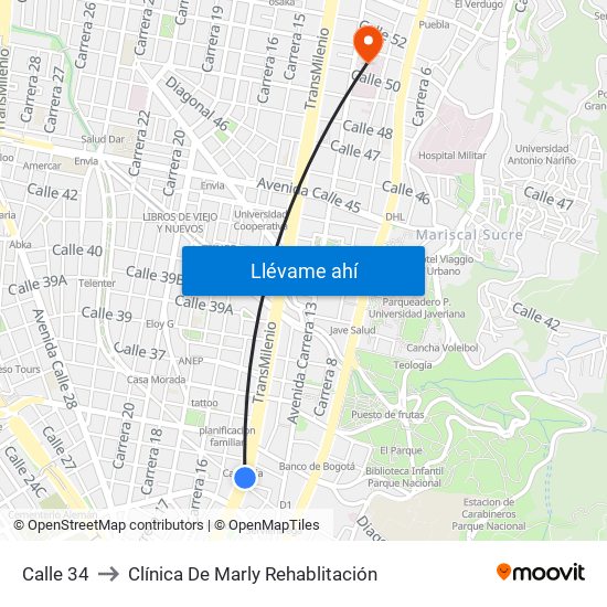 Calle 34 to Clínica De Marly Rehablitación map