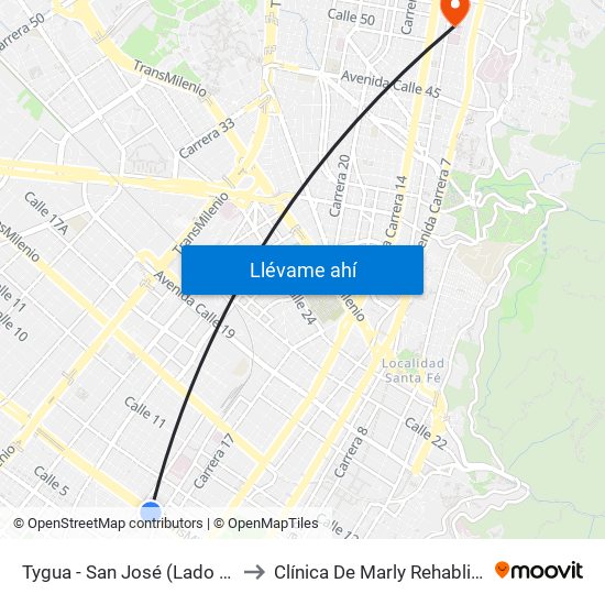 Tygua - San José (Lado Norte) to Clínica De Marly Rehablitación map