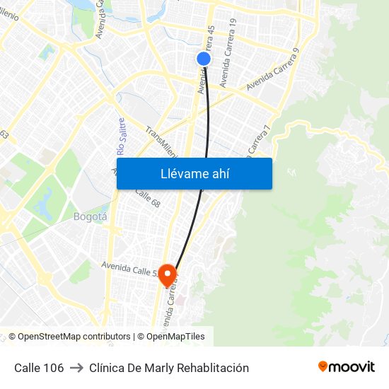 Calle 106 to Clínica De Marly Rehablitación map