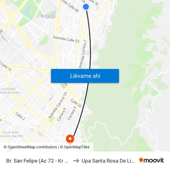 Br. San Felipe (Ac 72 - Kr 17) to Upa Santa Rosa De Lima map