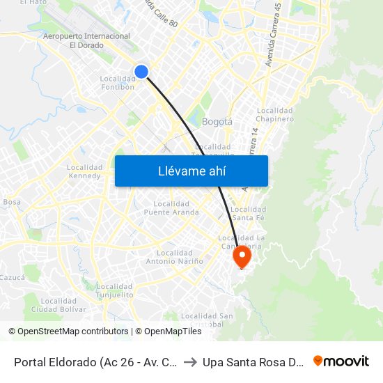 Portal Eldorado (Ac 26 - Av. C. De Cali) to Upa Santa Rosa De Lima map
