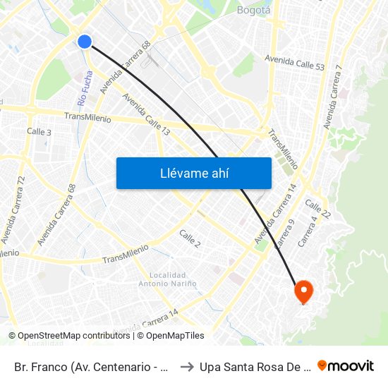 Br. Franco (Av. Centenario - Kr 69b) to Upa Santa Rosa De Lima map