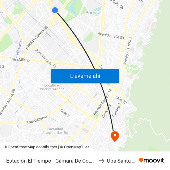 Estación El Tiempo - Cámara De Comercio De Bogotá (Ac 26 - Kr 68b Bis) to Upa Santa Rosa De Lima map