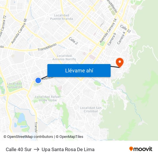 Calle 40 Sur to Upa Santa Rosa De Lima map