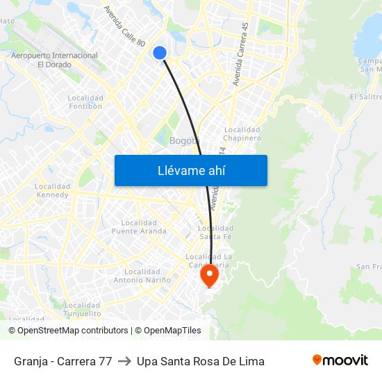 Granja - Carrera 77 to Upa Santa Rosa De Lima map