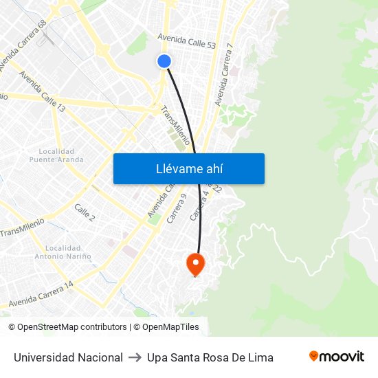 Universidad Nacional to Upa Santa Rosa De Lima map