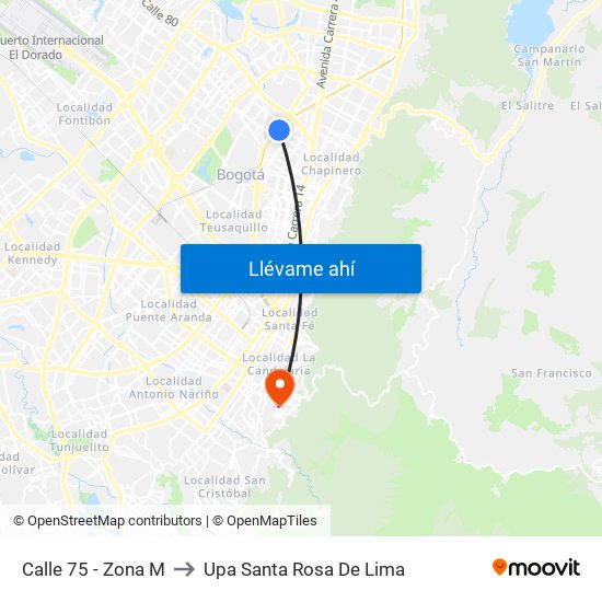 Calle 75 - Zona M to Upa Santa Rosa De Lima map