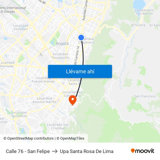 Calle 76 - San Felipe to Upa Santa Rosa De Lima map