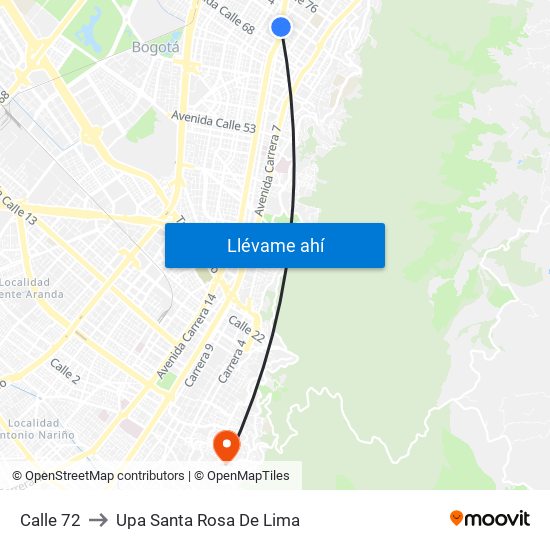 Calle 72 to Upa Santa Rosa De Lima map