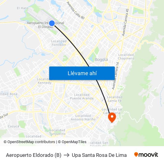 Aeropuerto Eldorado (B) to Upa Santa Rosa De Lima map